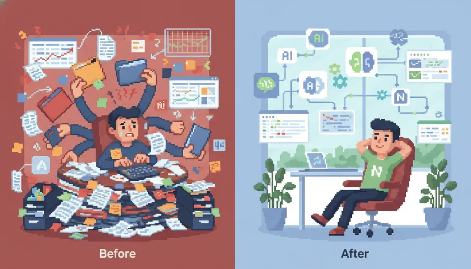 수동 데이터 입력으로 혼란스러운 과거의 업무 방식과 AI 자동화로 깔끔하게 정리된 현대적 노션 워크플로우를 비교한 그래픽