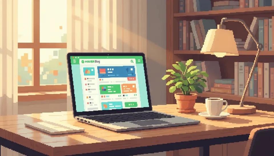 햇살이 내리쬐는 세련된 사무실 책상 위 노트북 화면에 띄워진 네이버 블로그 관리 페이지와 퍼스널 브랜딩을 위한 메모장