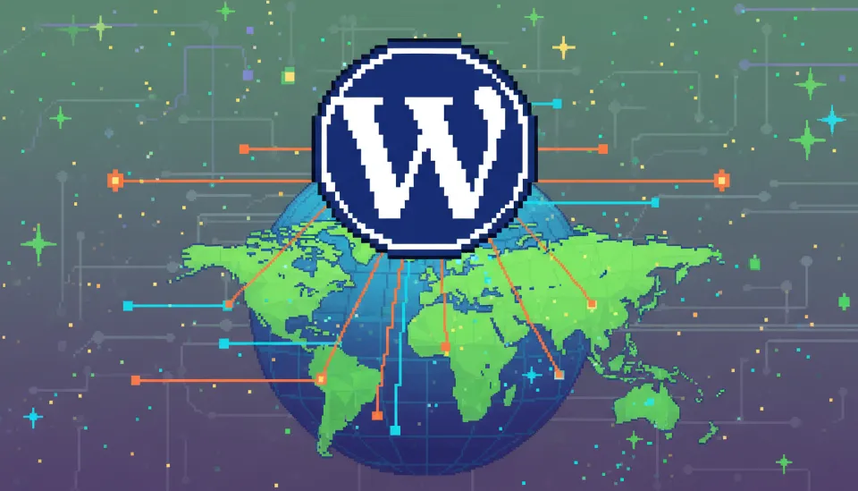 전 세계 지도 위로 데이터 라인이 연결된 워드프레스 로고 아이콘과 구글 검색 엔진 최적화를 상징하는 기술적 그래픽 디자인