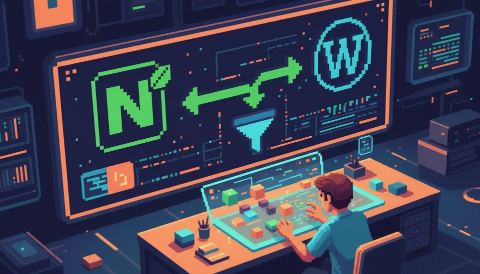 네이버와 워드프레스 로고가 화살표로 연결된 전략 보드 앞에서 마케팅 깔때기 전략을 구상하는 1인 창업자의 뒷모습