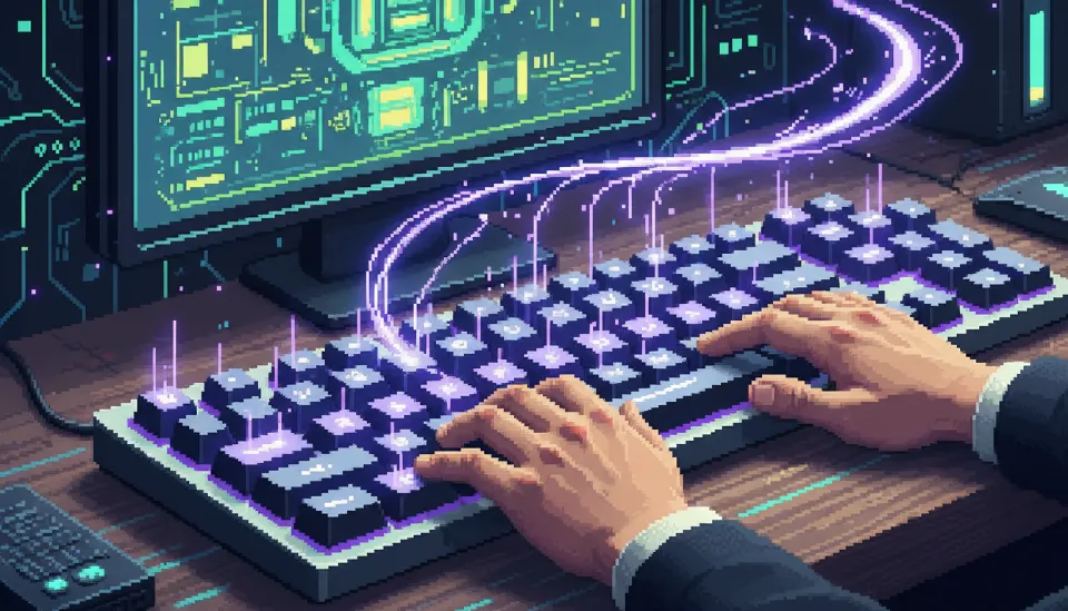 기계식 키보드로 고품질 콘텐츠를 작성하는 손과 주변에 퍼지는 디지털 아우라가 전문성을 상징하는 이미지