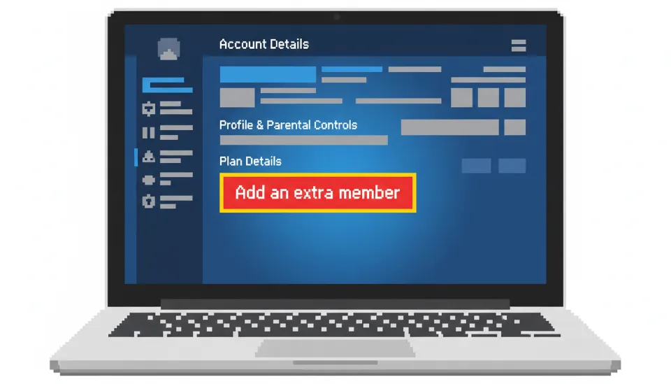 노트북 화면에 띄워진 넷플릭스 계정 설정 메뉴에서 추가 회원 슬롯 구매 버튼을 클릭하는 인터페이스 화면