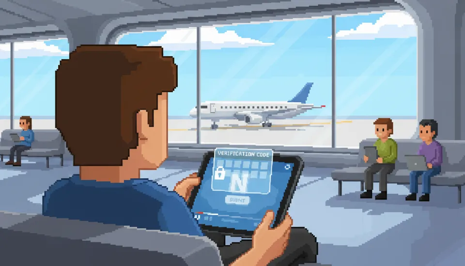 공항 라운지에서 태블릿으로 넷플릭스를 시청하던 중 임시 인증 코드를 통해 외부 접속 승인을 받는 사용자의 모습