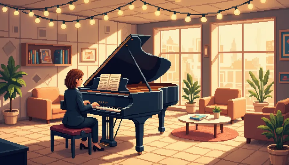 따뜻한 조명의 세련된 성인 피아노 학원 내부에서 강사가 직장인 수강생에게 그랜드 피아노 레슨을 진행하는 모습과 직장인 피아노 학원 비용 상담 장면