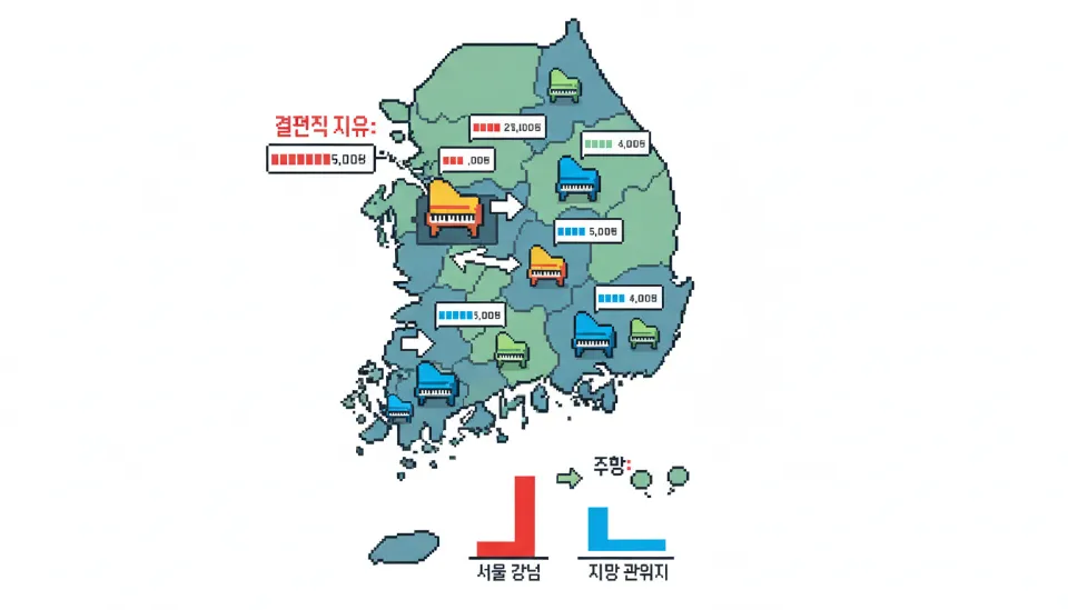 한국 지도 위에 서울과 주요 광역시별 성인 피아노 수강료 시세가 인포그래픽 형태로 표시된 이미지