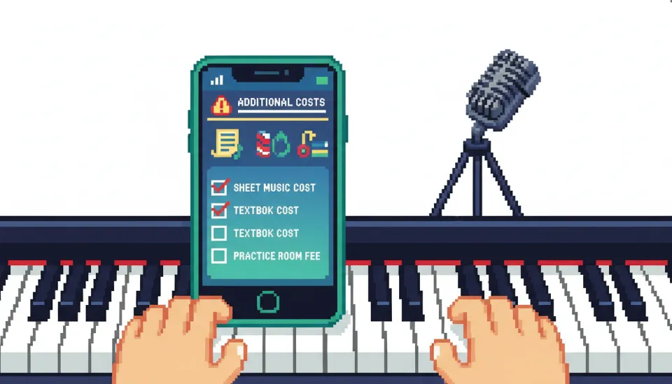 피아노 연주 영상을 스마트폰과 전문 장비로 촬영하고 있는 모습과 성인 피아노 수강료에 포함된 영상 제작 서비스 묘사