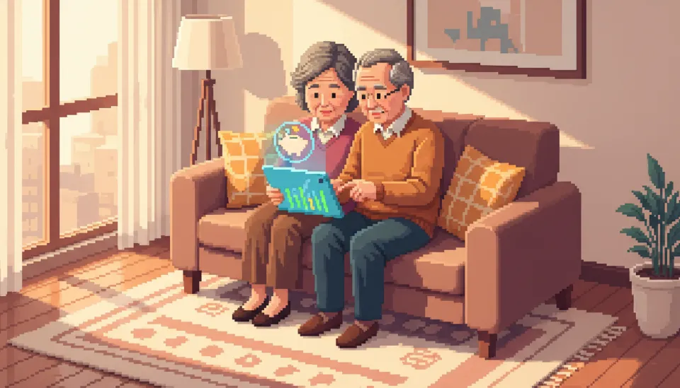 밝은 거실에서 태블릿 PC를 통해 2026년 기초연금 선정기준액을 확인하며 미소 짓고 있는 노부부의 모습