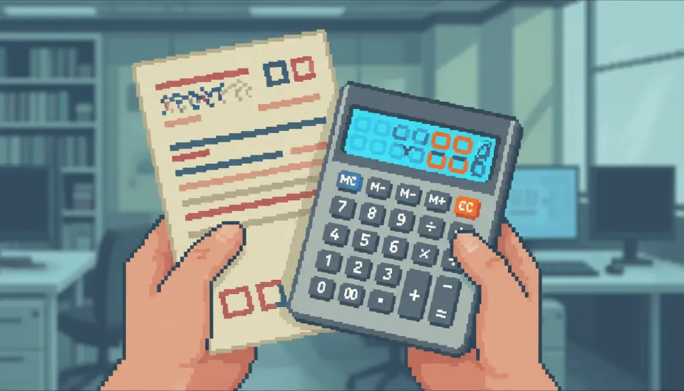 계산기를 사용하여 2026년 달라진 소득인정액 공제 혜택을 꼼꼼하게 산출하고 있는 손과 관련 서류