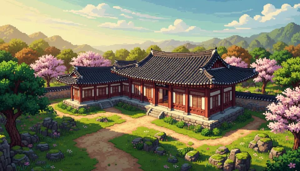 아침 햇살 아래 고풍스러운 분위기를 자아내는 국가 지정 문화재로 등록된 전통 한옥 고택의 전경과 주변 조경