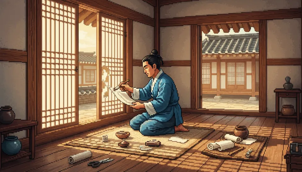 한옥 고택의 원형 보존을 위해 창호지를 보수하고 있는 전문가의 정교한 손길과 전통 창살 디자인