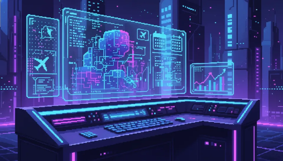 투명한 홀로그램 인터페이스를 통해 복잡한 일정 예약과 데이터 분석을 동시에 수행하는 지능형 AI 에이전트의 시각화 모습