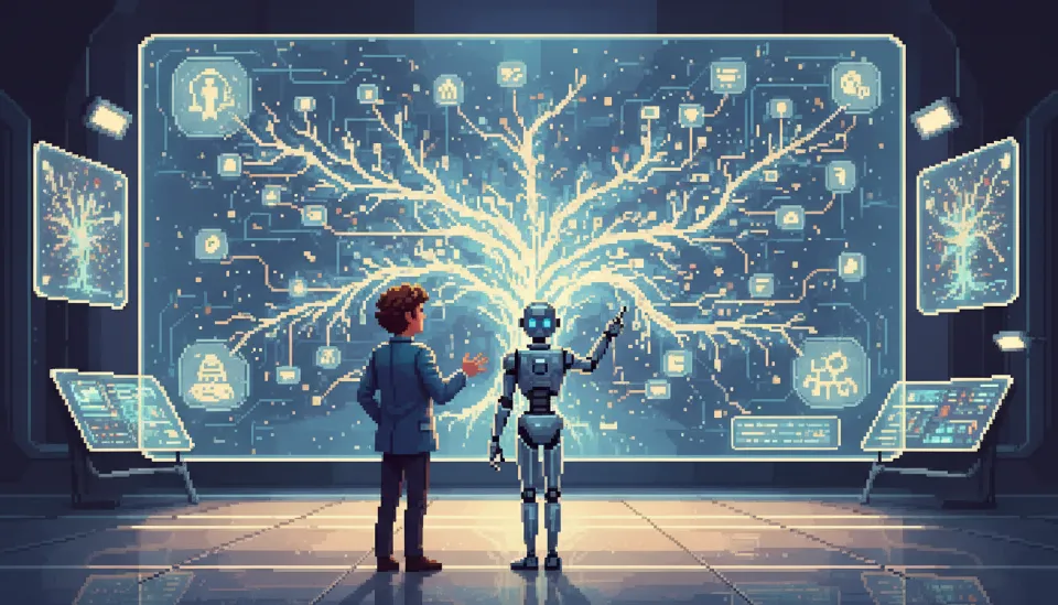 현대적인 스튜디오에서 인간 디렉터와 AI 에이전트가 대형 스크린을 보며 창의적인 프로젝트를 함께 기획하고 있는 협력의 모습