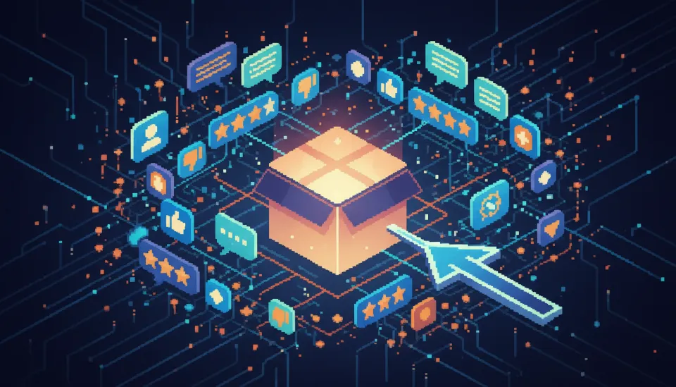 상품 리뷰와 별점 데이터가 스마트폰 위로 떠오르는 모습을 표현한 그래픽으로, 소비자 의견의 중요성을 강조합니다.