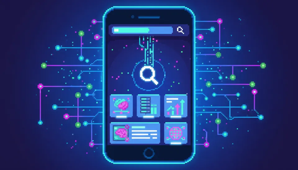 네이버 검색 화면 위로 인공지능 신경망 노드가 연결되어 정보를 분석하는 미래지향적 인터페이스 디자인