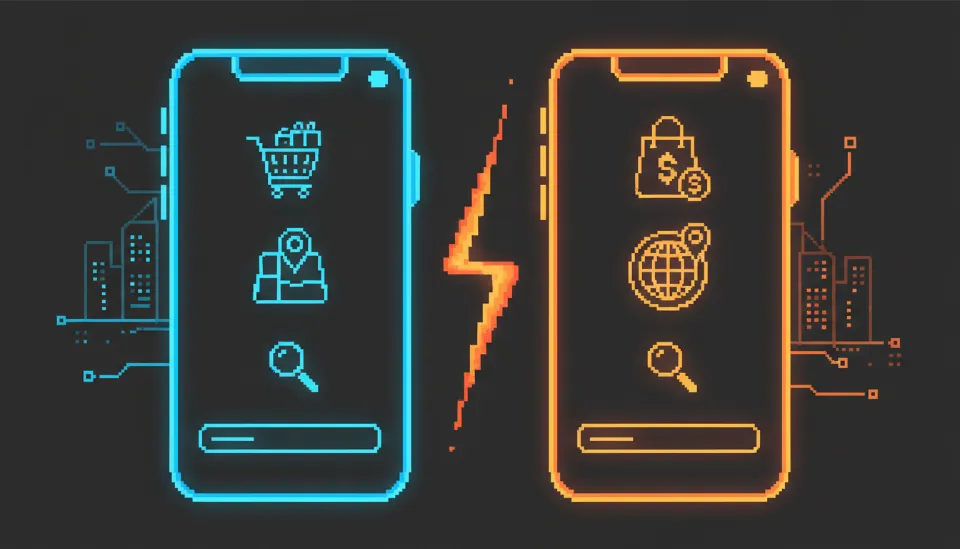 네이버의 쇼핑, 지도, 검색 서비스 아이콘이 조화롭게 배치된 현대적인 모바일 앱 인터페이스 디자인