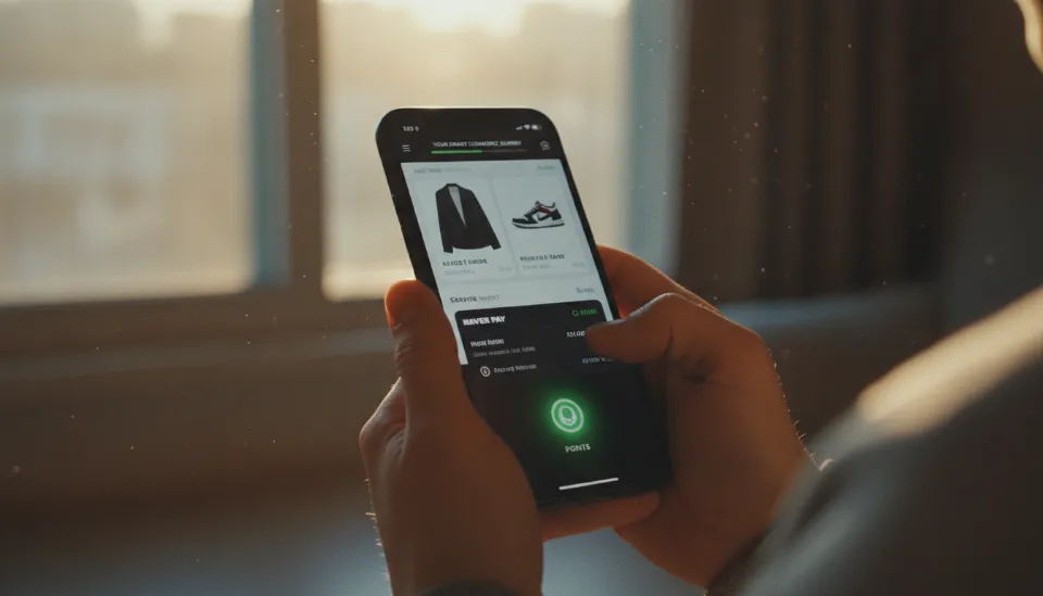 AI 기반 제품 추천과 네이버페이 결제 포인트 적립 화면을 보여주는 깔끔한 모바일 쇼핑 앱 인터페이스 디자인