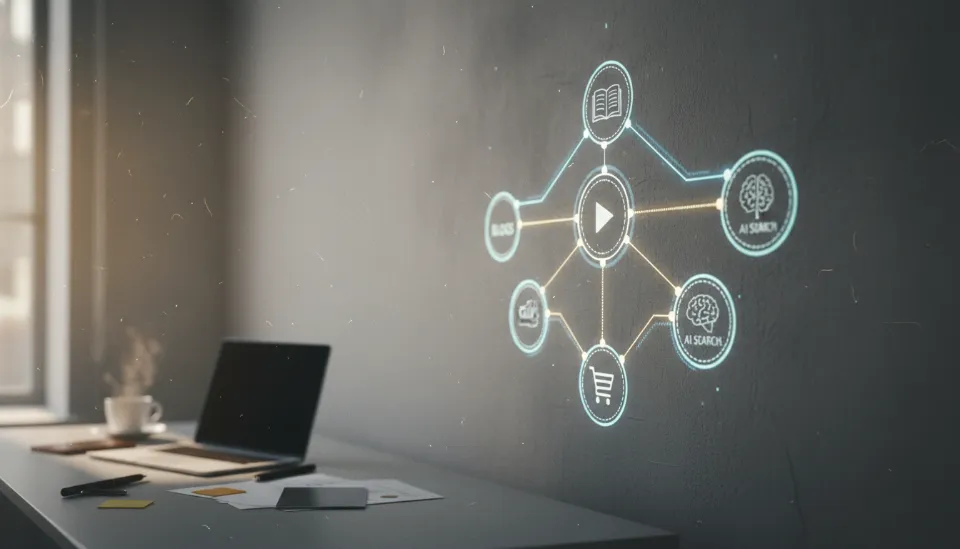 네이버 블로그, 클립, 스마트스토어, AI 검색이 서로 유기적으로 연결된 모습을 시각화한 디지털 마케팅 전략 인포그래픽