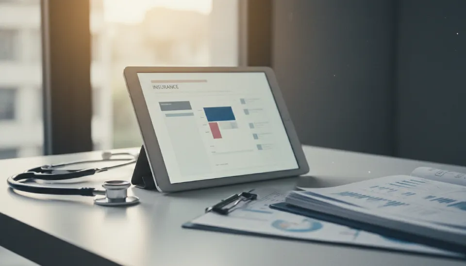 세련된 태블릿 화면에 표시된 4세대 실손의료보험 약관과 그 옆에 놓인 청진기 및 의료 차트 이미지