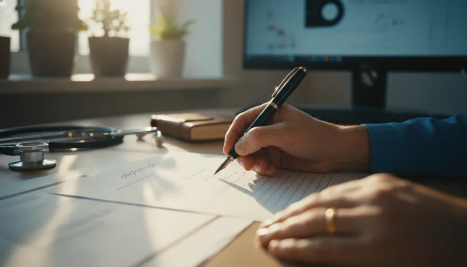 의사가 환자의 차트에 도수치료의 의학적 필요성과 개선 효과를 상세히 적고 있는 클로즈업 장면