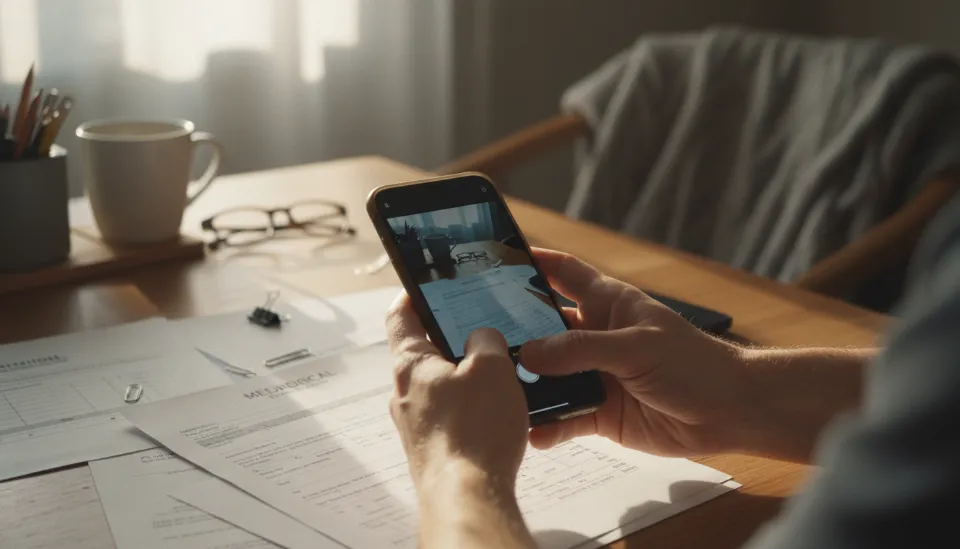 스마트폰 보험사 앱을 이용해 병원 서류를 촬영하며 실비보험 청구를 간편하게 진행하는 사용자의 모습