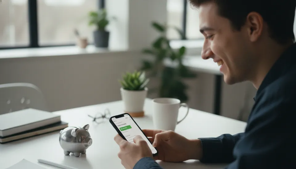 연말정산 세액공제 혜택을 확인하며 기뻐하는 사회초년생과 책상 위 저금통이 놓인 모습