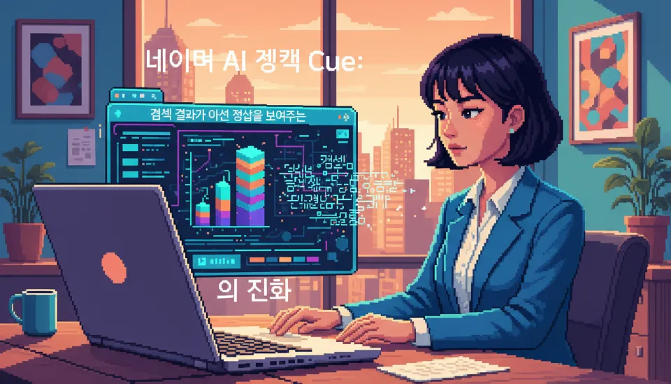노트북 화면에 띄워진 네이버 AI 검색 큐(Cue:)의 대화형 인터페이스와 복잡한 질문에 답변하는 인공지능 그래픽