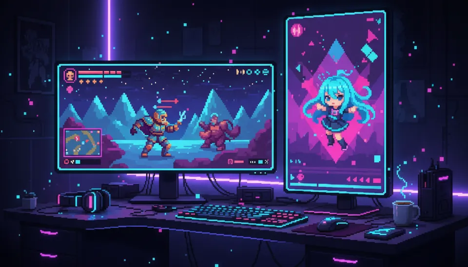 화려한 네온 조명 아래 게임 방송이 중계되는 모니터와 스마트폰에서 재생되는 세로형 숏폼 콘텐츠 클립 화면